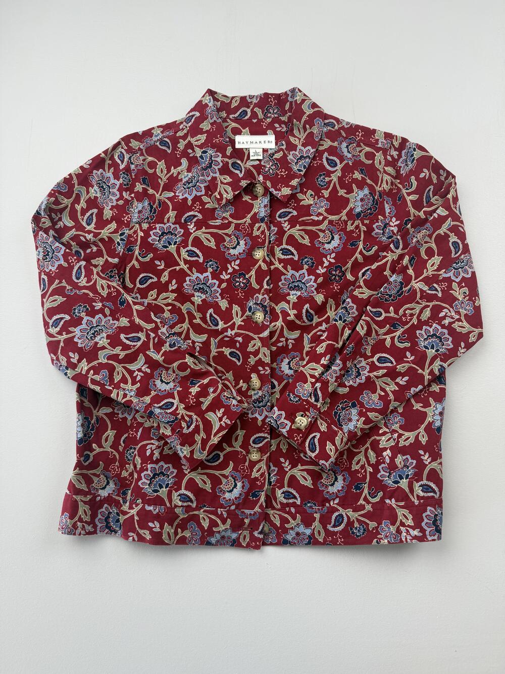 Haymaker Blouse Womens Large Red Floral Collared Button Up Long Sleeve Top